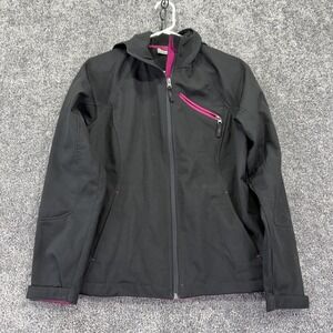FreeTech Jacket Womens Medium Black Hooded Full Zip Softshell Hiking Outdoor